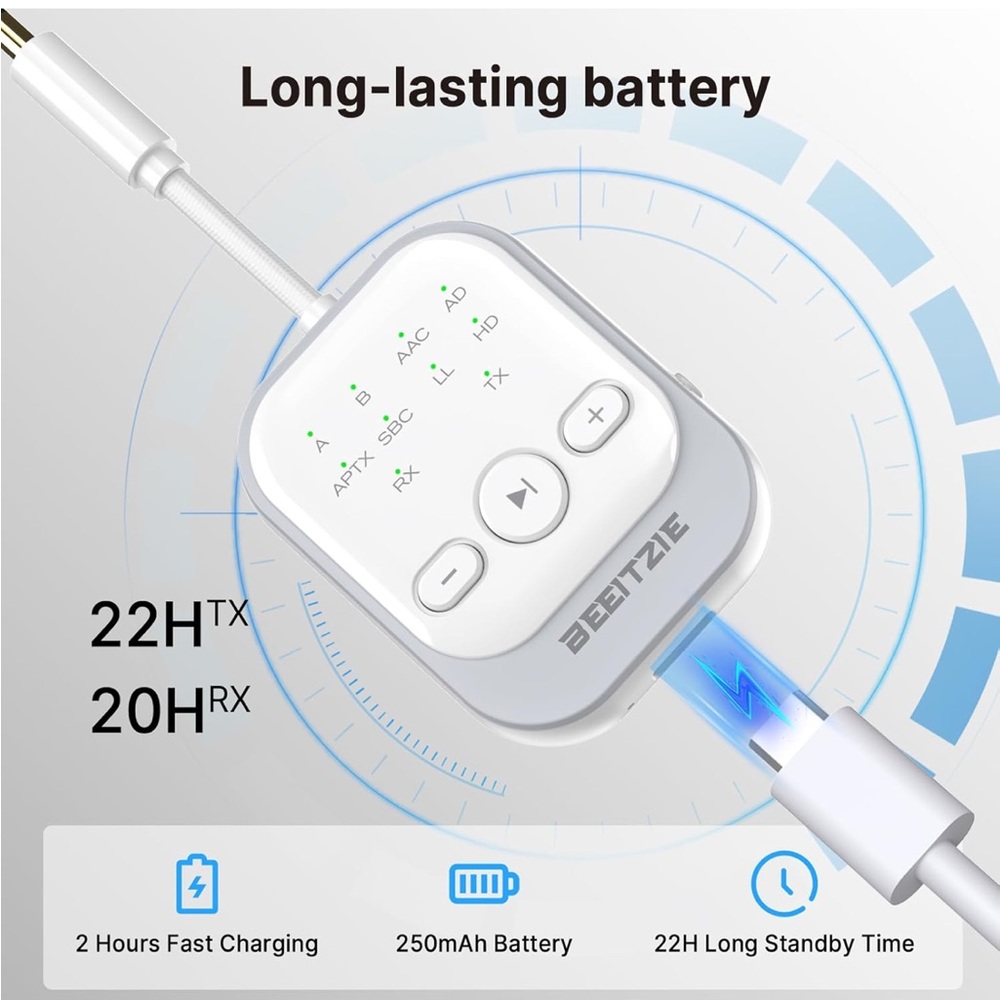 Bluetooth 5.4 wireless audio Transmitter& Receiver, 2-in-1 for TV/PC/Airplane, - Picture 5 of 11